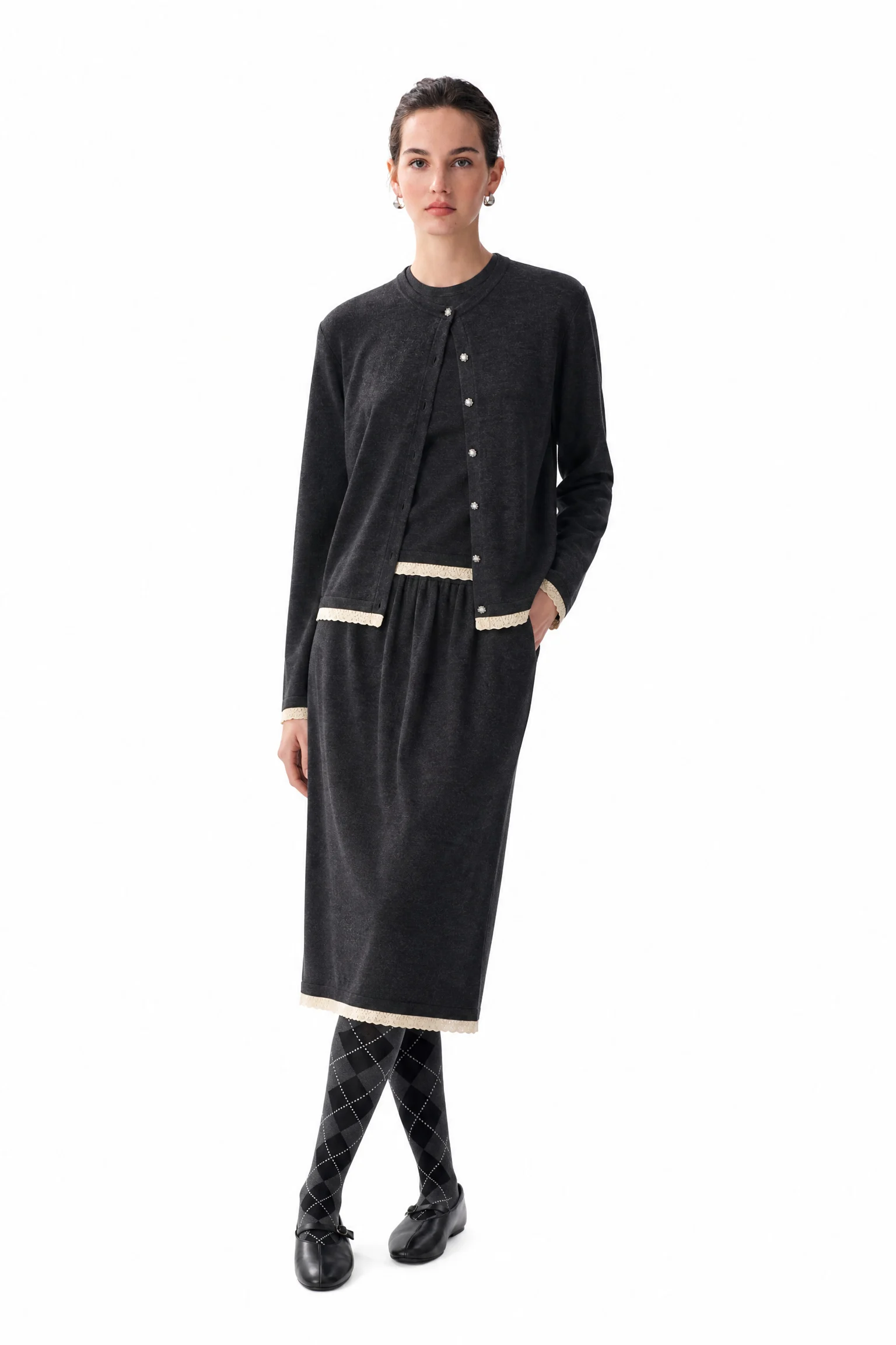 Wool-Blend Lace-Trim Cardigan - model view 1