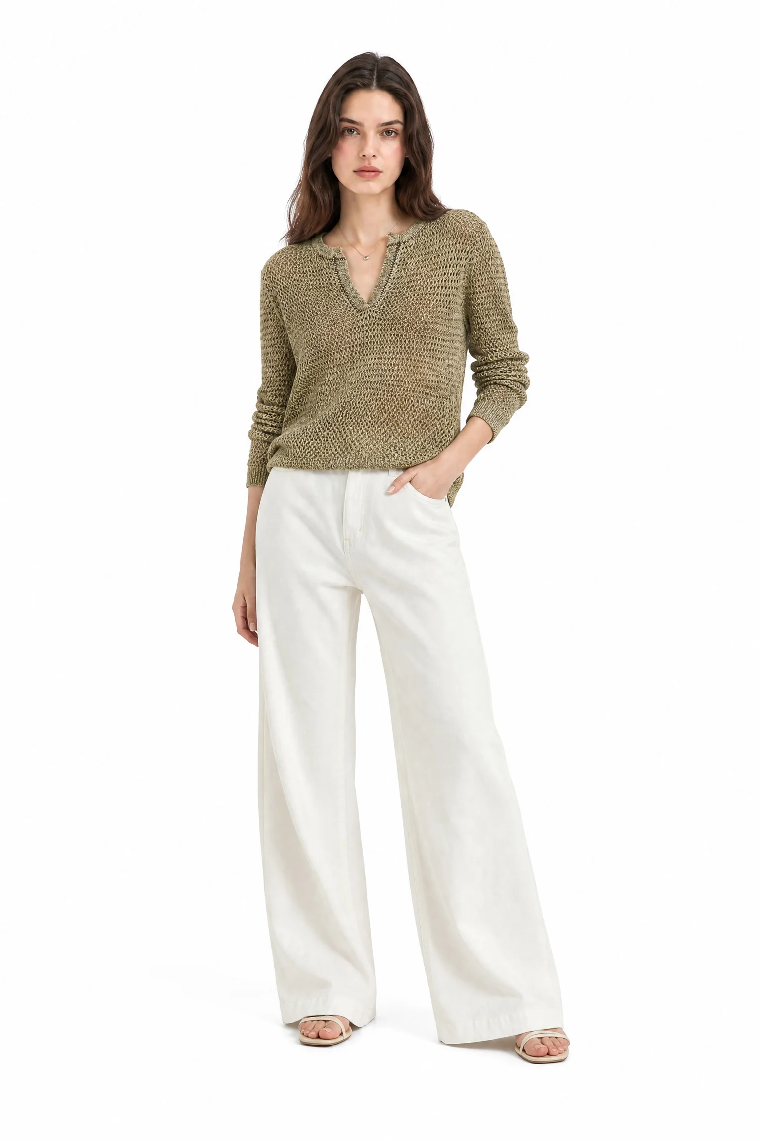 Fine-Gauge Cotton V-Neck Knit - model view 1