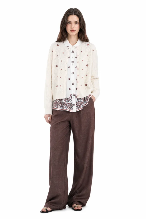 Wool Floral Cable-Knit Cardigan - model view 1
