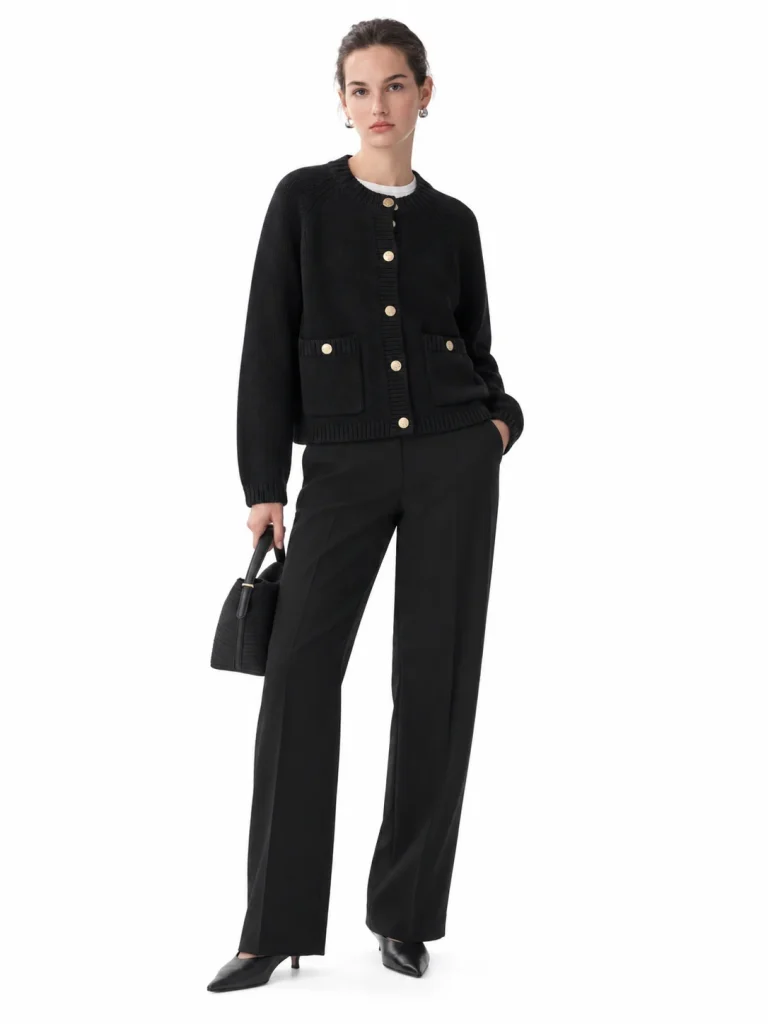 Combed Cotton Rib-Trim Cardigan - Black - model view 1
