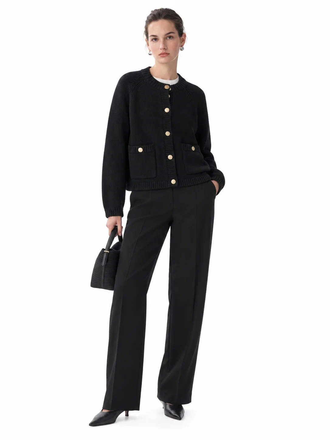 Combed Cotton Rib-Trim Cardigan - Black - model view 1