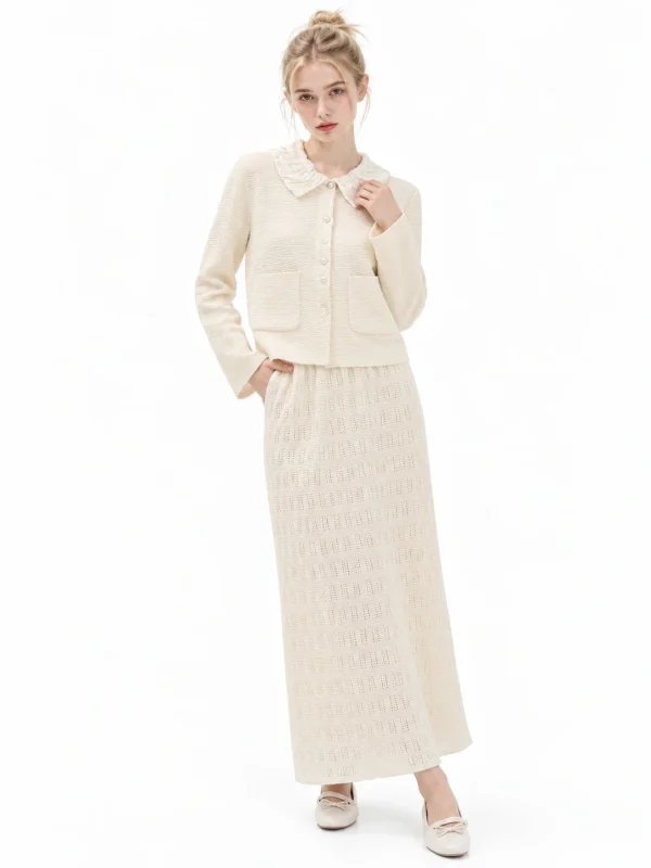 Wool Blend Gathered Collar Cardigan - model view 1