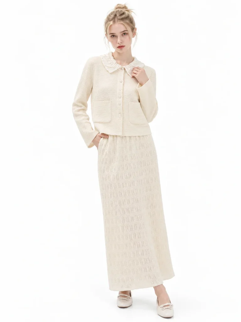 Wool Blend Gathered Collar Cardigan - model view 1