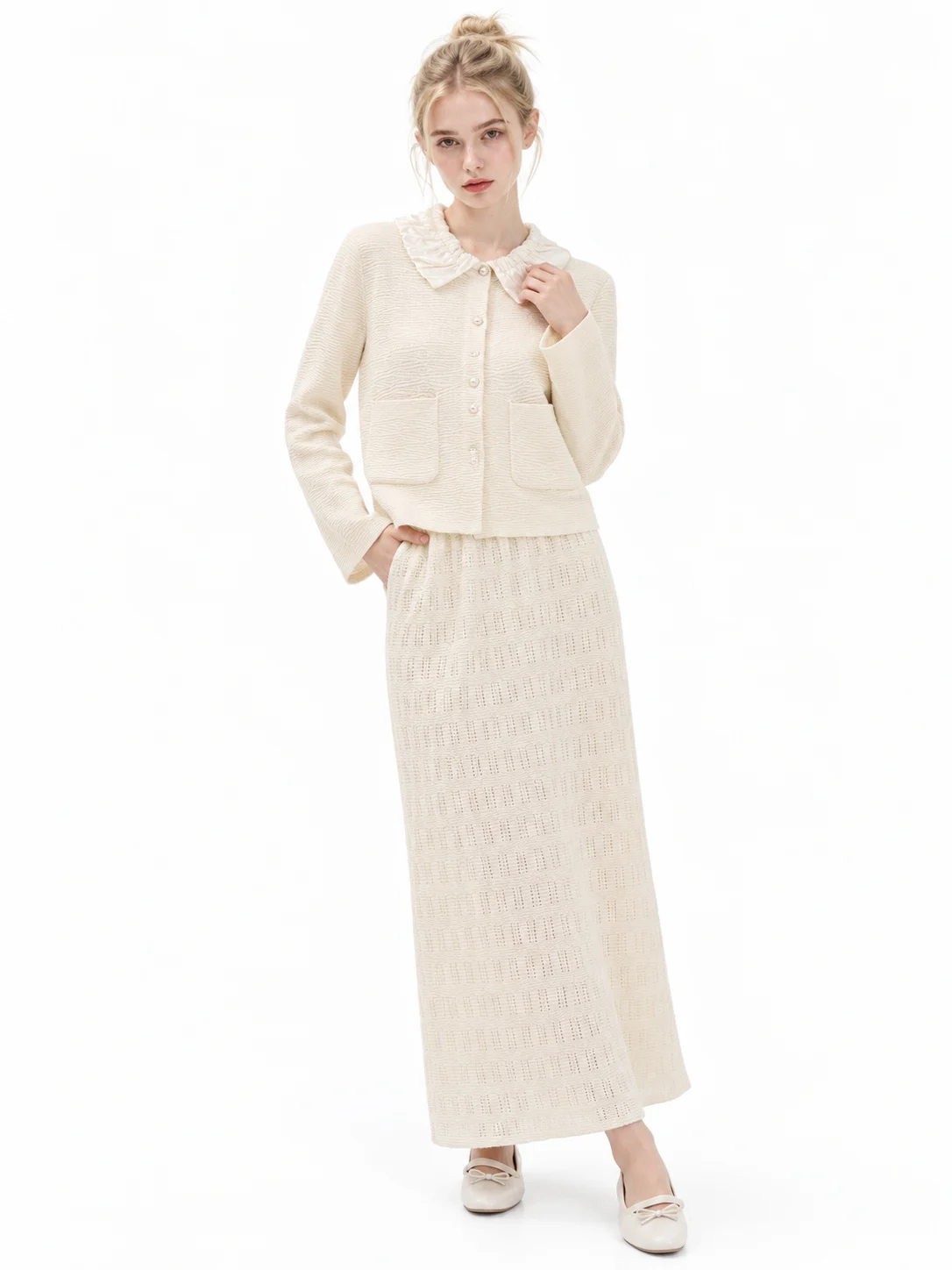 Wool Blend Gathered Collar Cardigan - model view 1