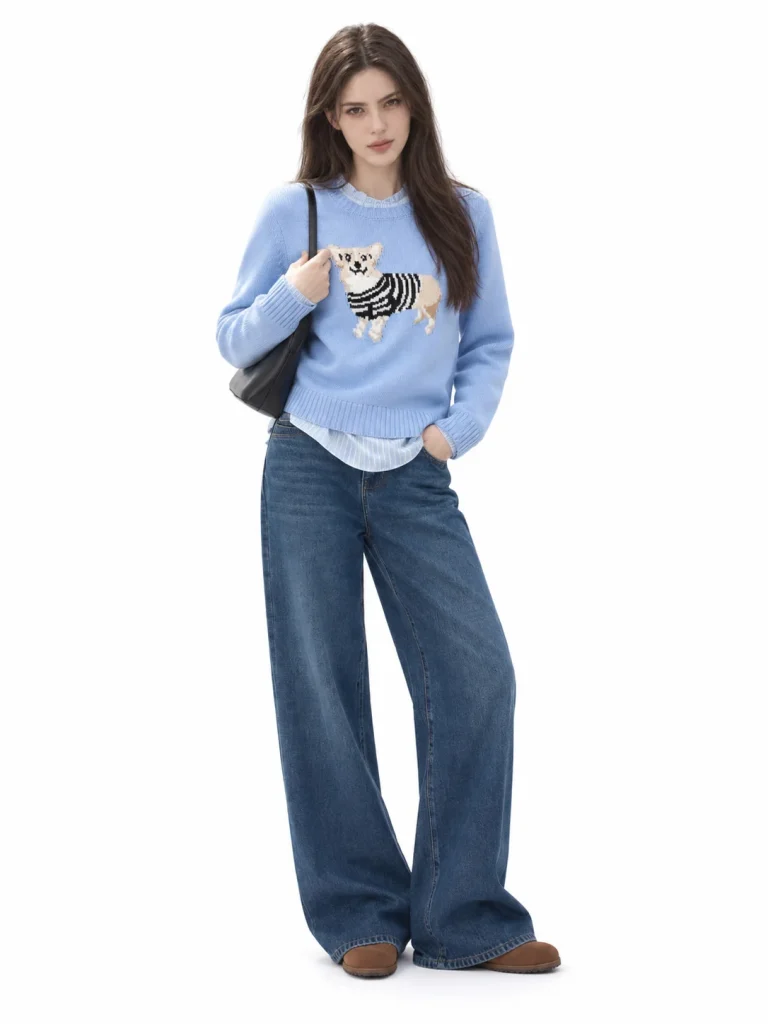 Wool Blend Dog Motif Sweater - Blue - model view 1