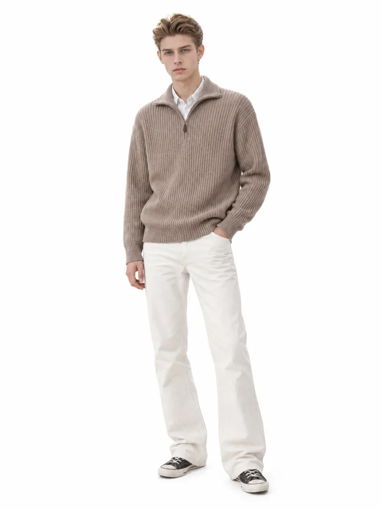 Cashmere Wool Rib-Knit Half-Zip Sweater - model view 1