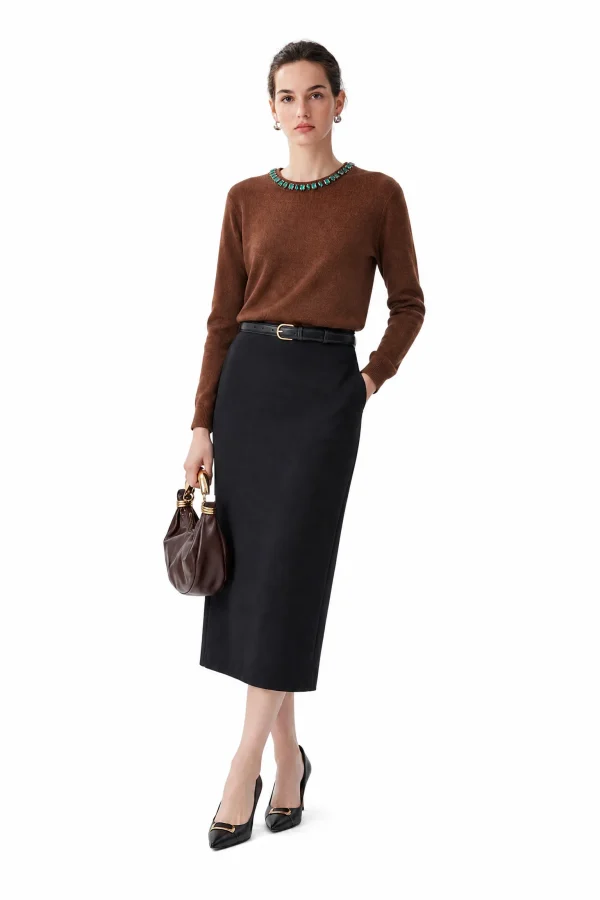 Embellished Australian Wool Crewneck Sweater - Brown - model view 1