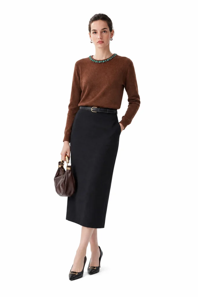 Embellished Australian Wool Crewneck Sweater - Brown - model view 1