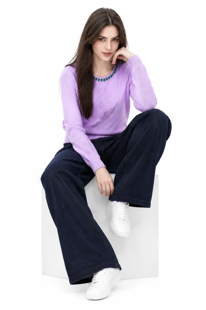 Embellished Australian Wool Crewneck Sweater - Lilac - model view 1
