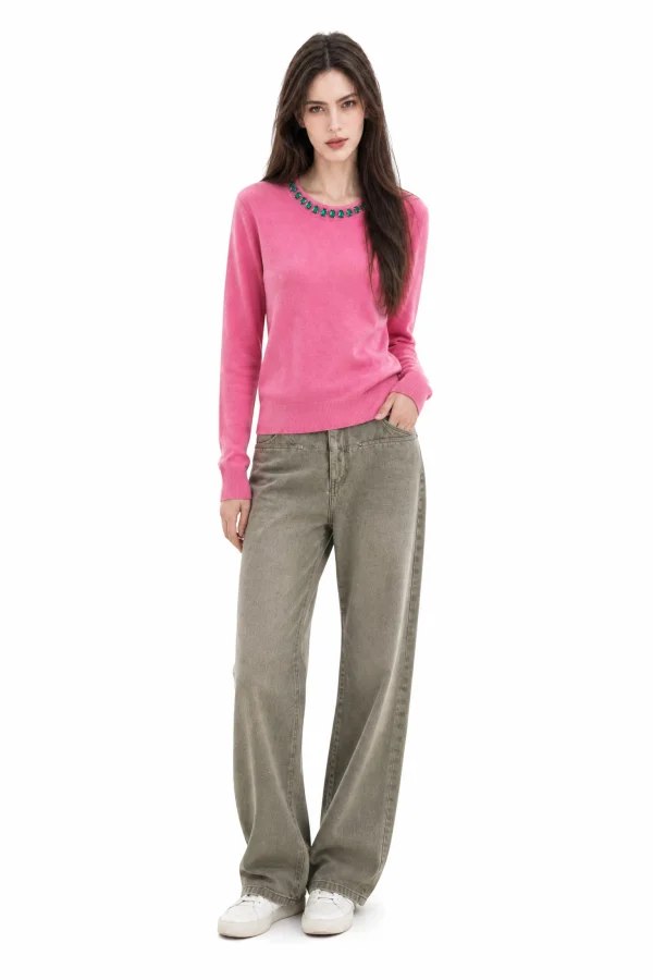 Embellished Australian Wool Crewneck Sweater - Pink - model view 1