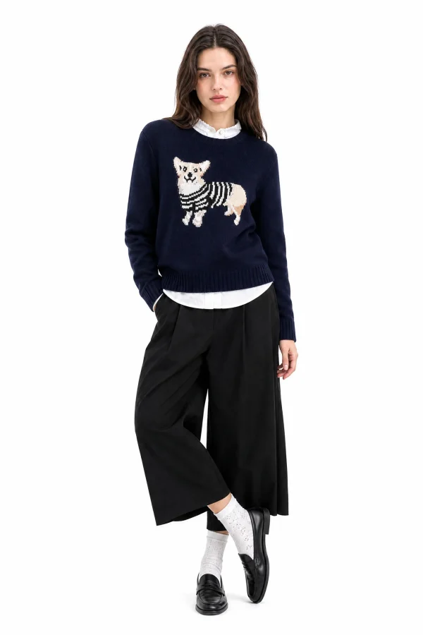 Wool Blend Dog Motif Sweater - Navy - model view 1