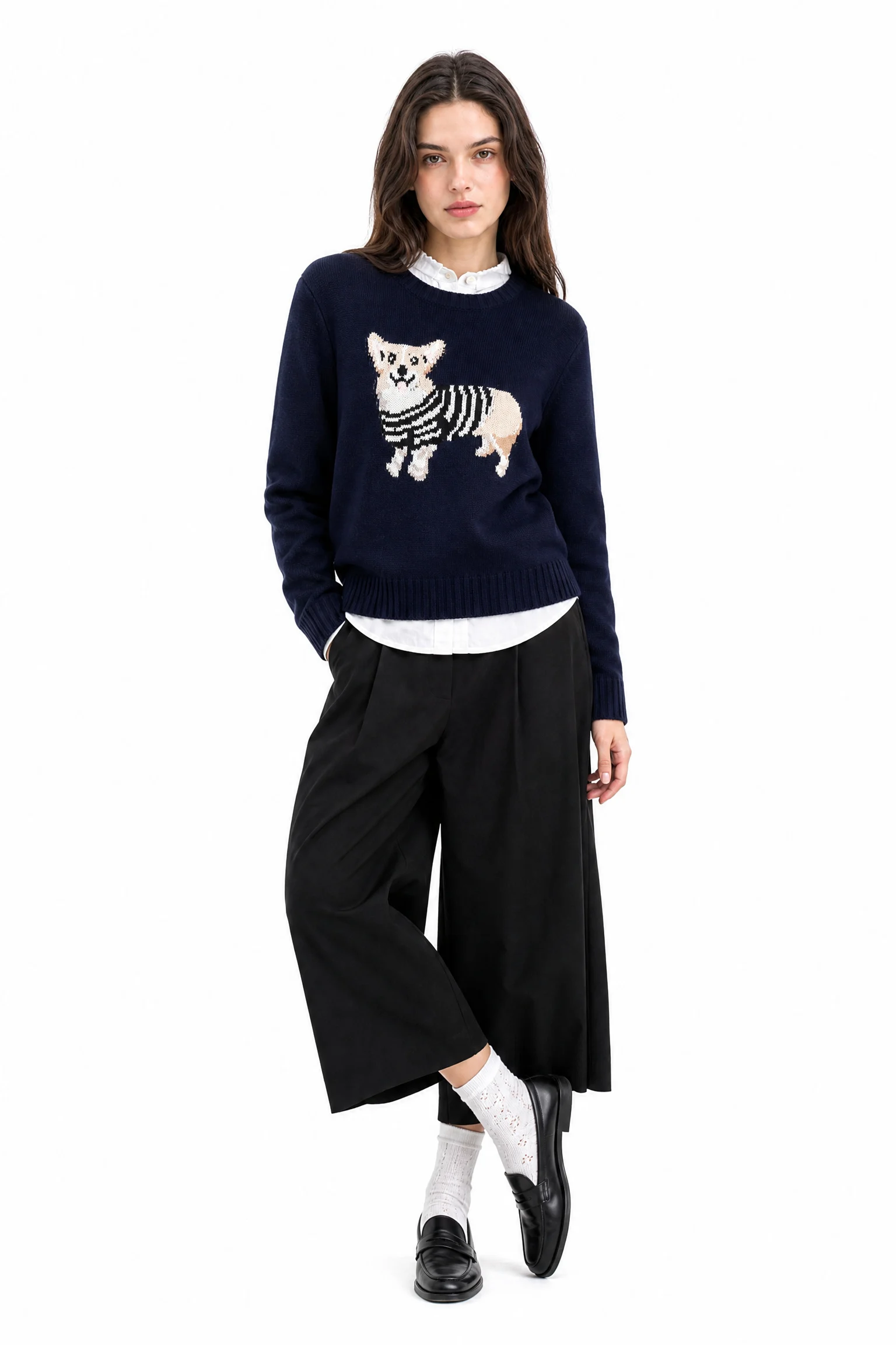 Wool Blend Dog Motif Sweater - Navy - model view 1