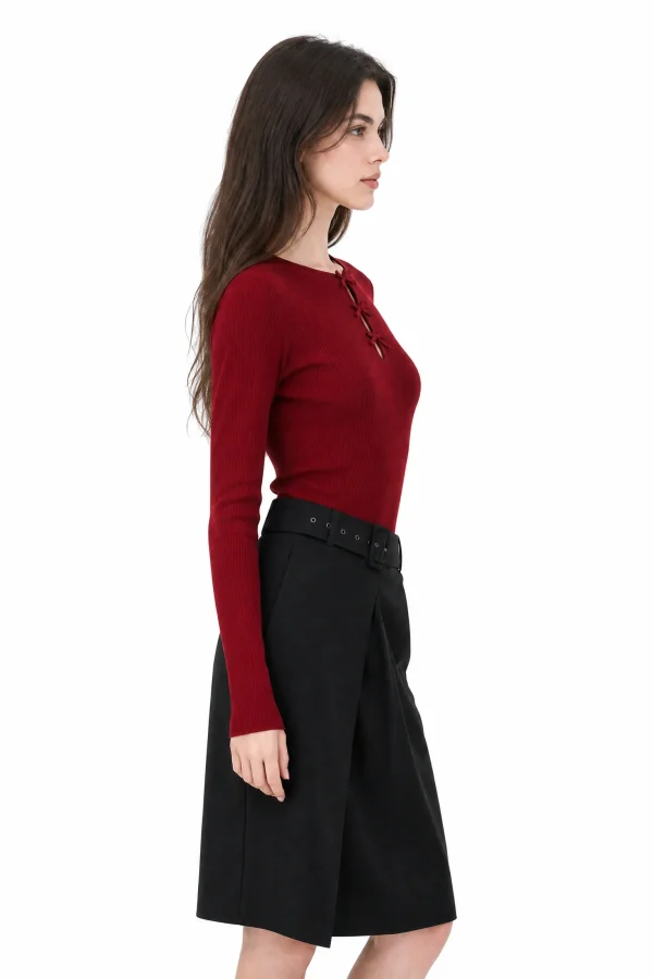 Ribbed Tie-Front Knit Top - model view 2