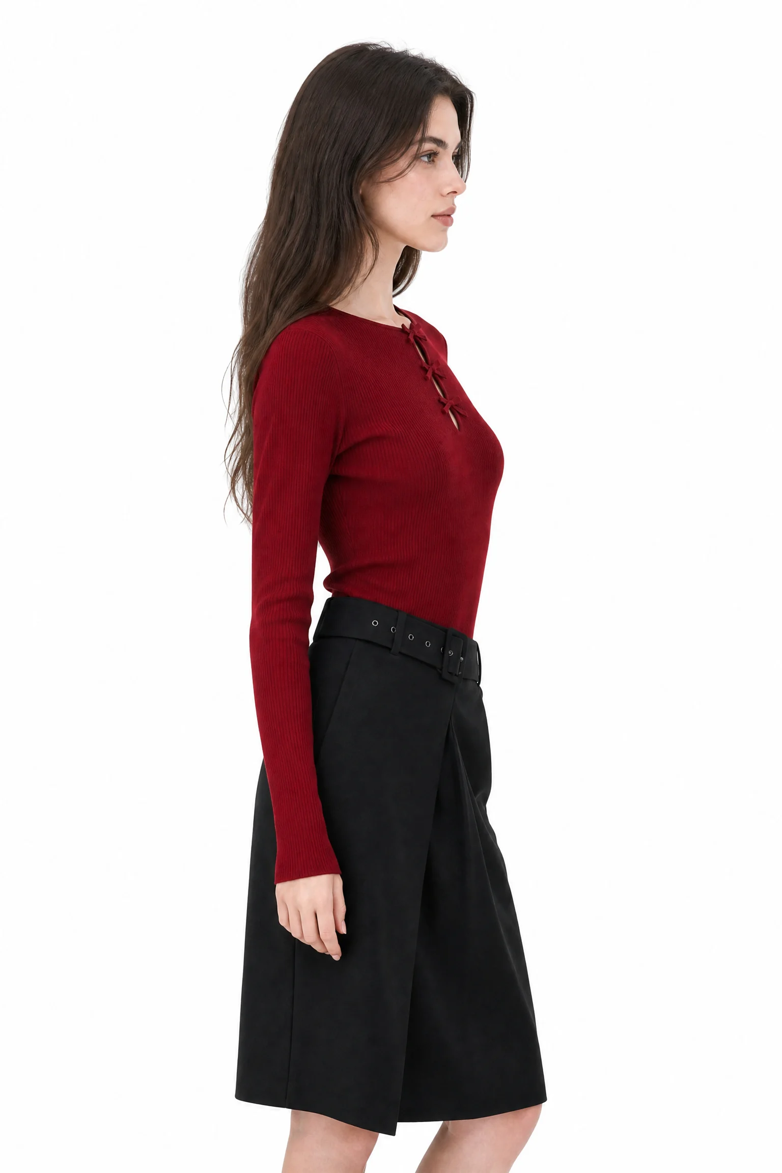 Ribbed Tie-Front Knit Top - model view 2
