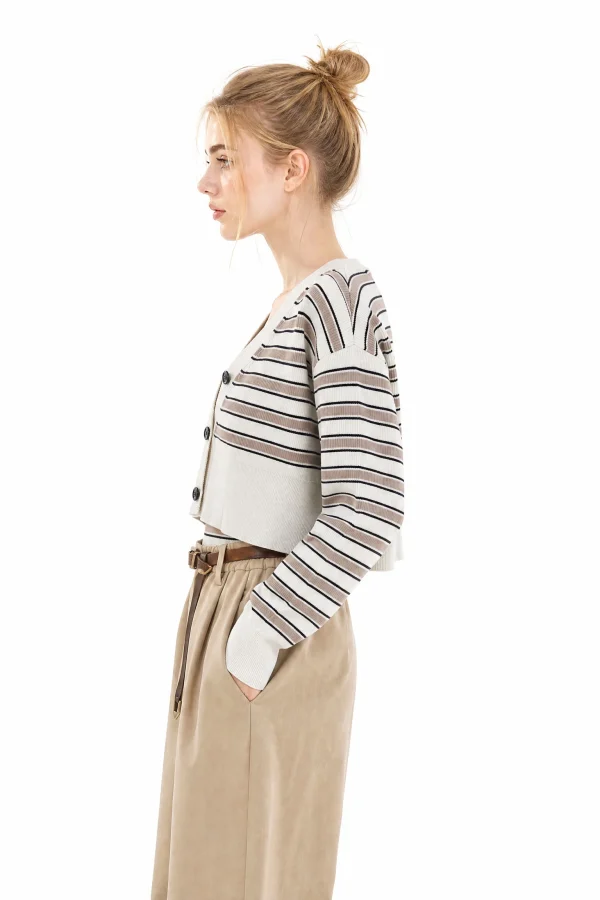 Striped Cotton Cropped Cardigan - model view 2