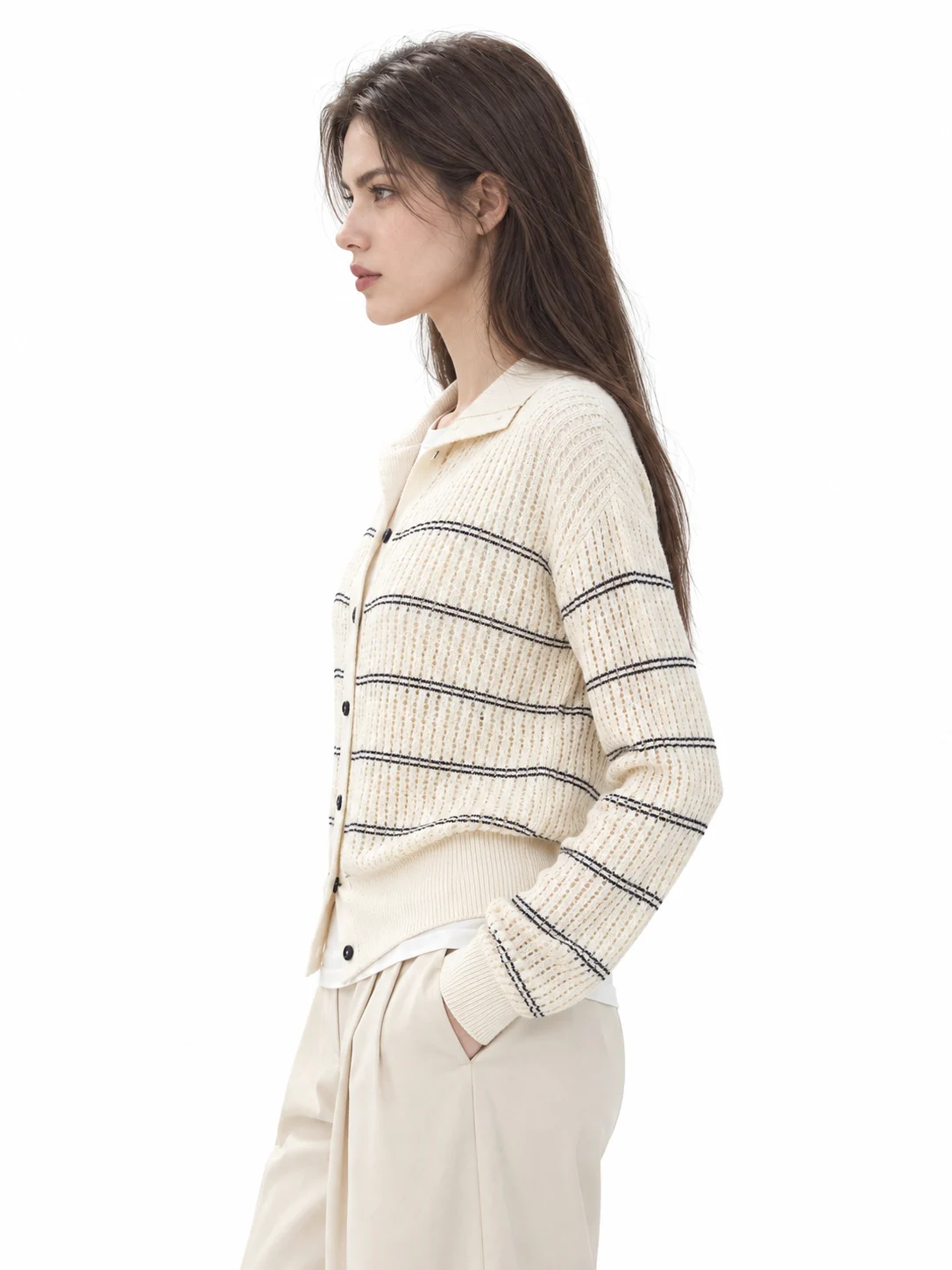 Openwork Striped Knit Cardigan - model view 2