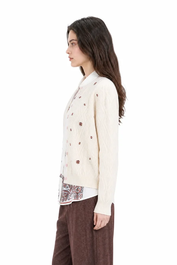 Wool Floral Cable-Knit Cardigan - model view 2
