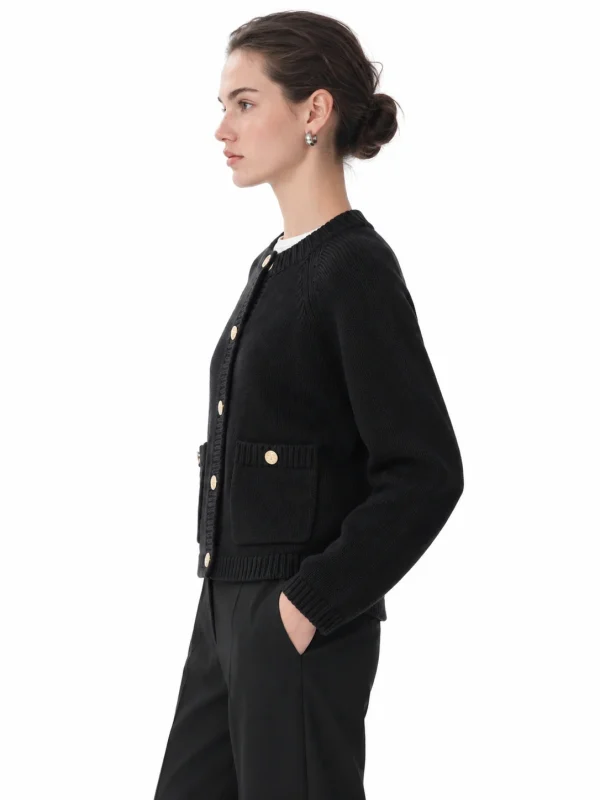 Combed Cotton Rib-Trim Cardigan - Black - model view 2