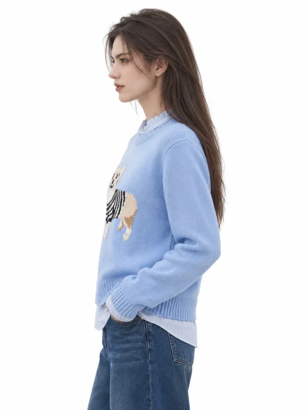 Wool Blend Dog Motif Sweater - Blue - model view 2