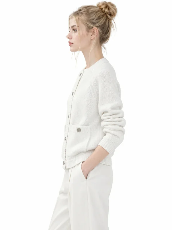 Combed Cotton Rib-Trim Cardigan - White - model view 2