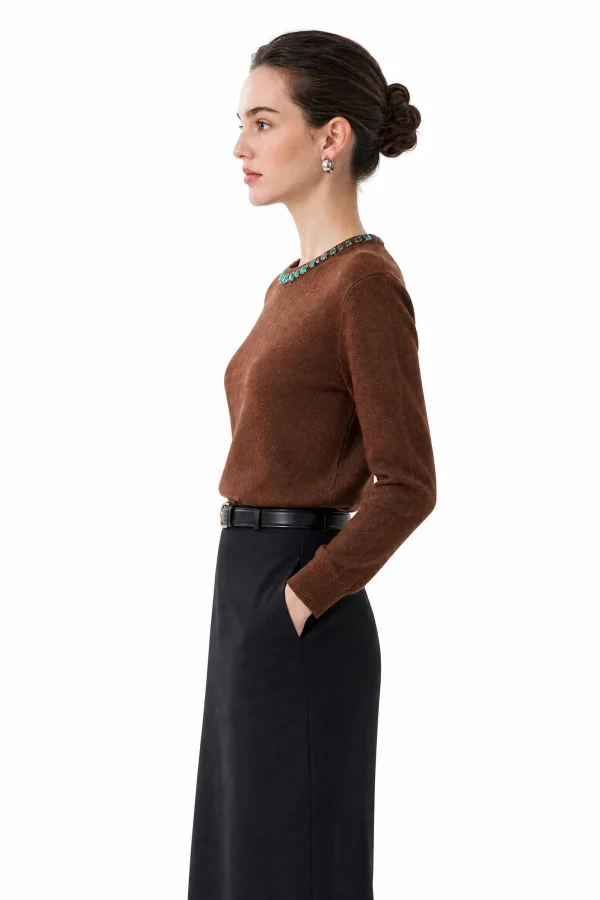 Embellished Australian Wool Crewneck Sweater - Brown - model view 2