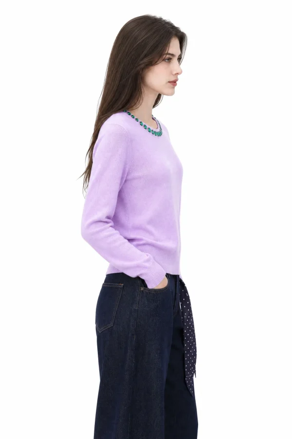 Embellished Australian Wool Crewneck Sweater - Lilac - model view 2