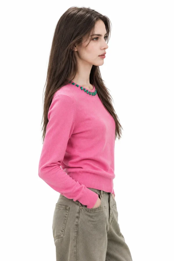 Embellished Australian Wool Crewneck Sweater - Pink - model view 2