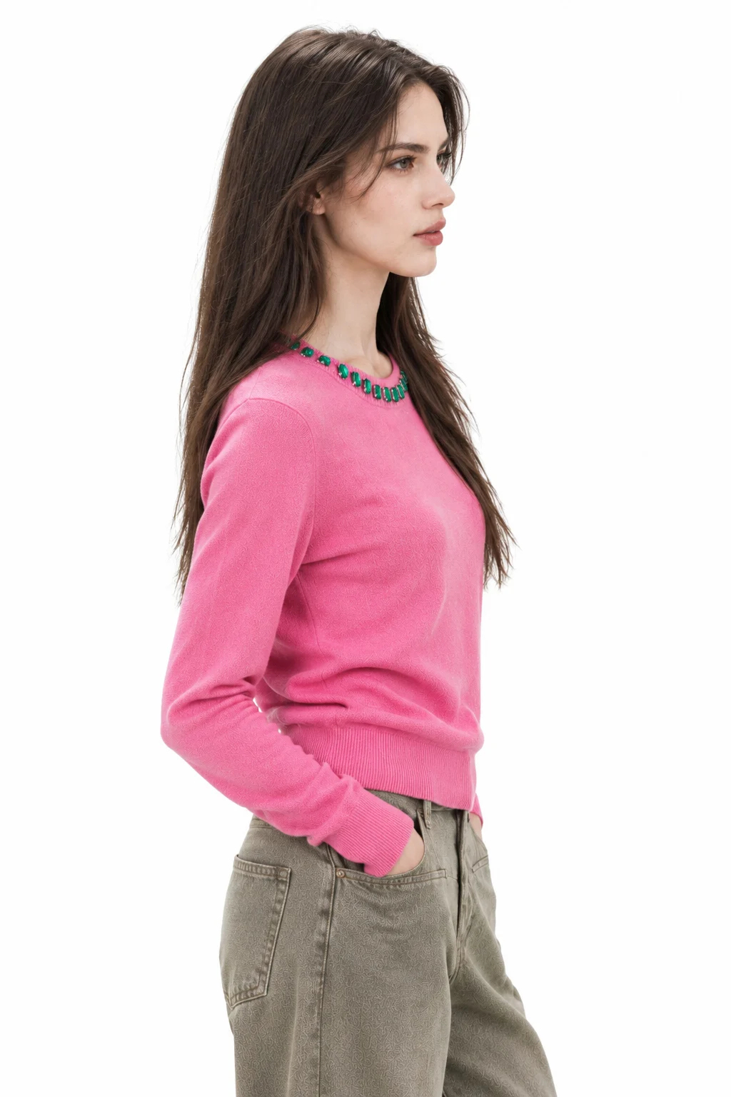 Embellished Australian Wool Crewneck Sweater - Pink - model view 2