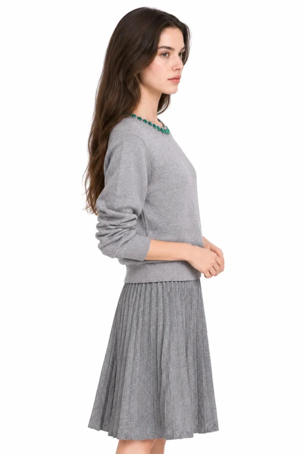 Embellished Australian Wool Crewneck Sweater - Grey - model view 2