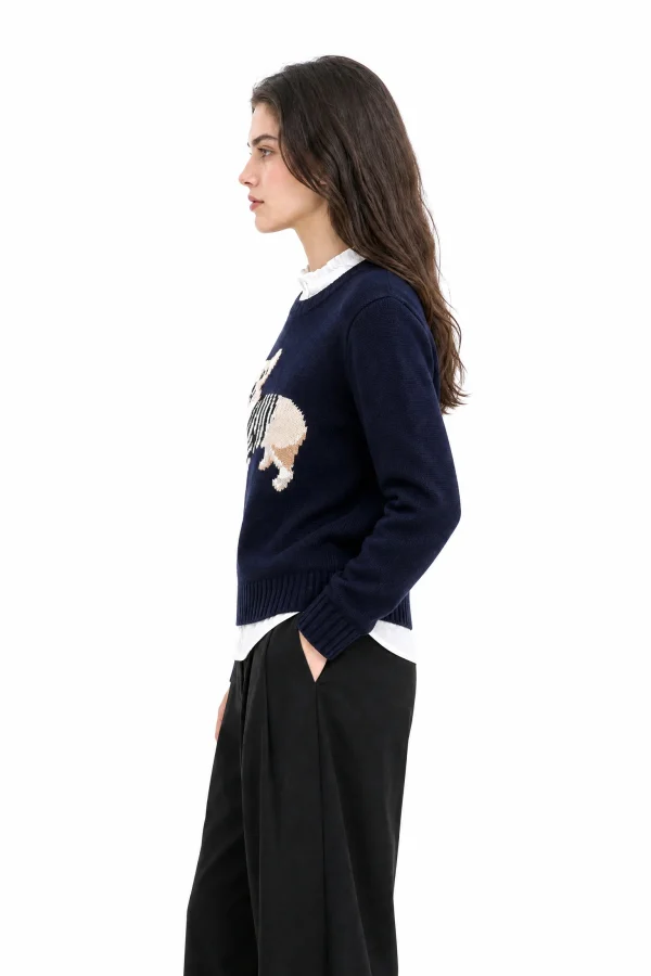 Wool Blend Dog Motif Sweater - Navy - model view 2