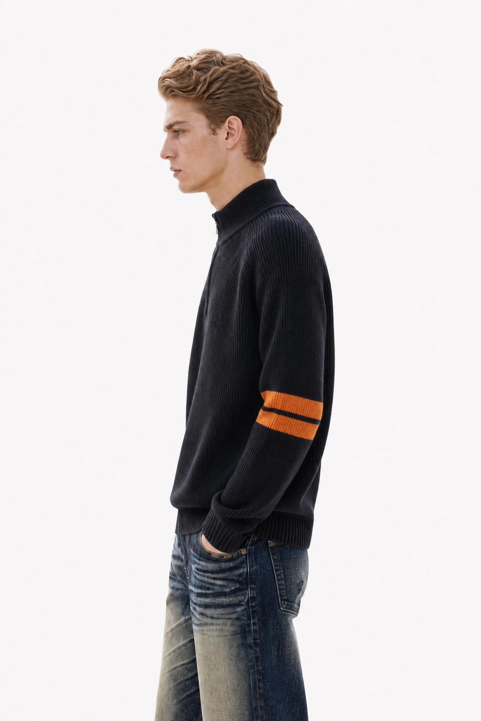 Pure Wool Half-Zip Ribbed Sweater - model view 2