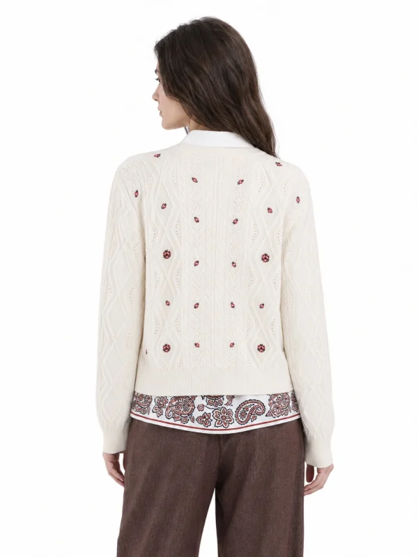 Wool Floral Cable-Knit Cardigan - model view 3