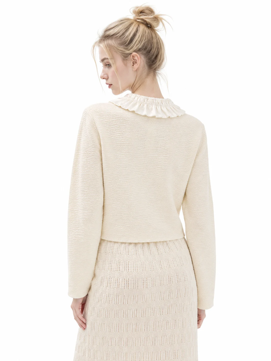 Wool Blend Gathered Collar Cardigan - model view 3