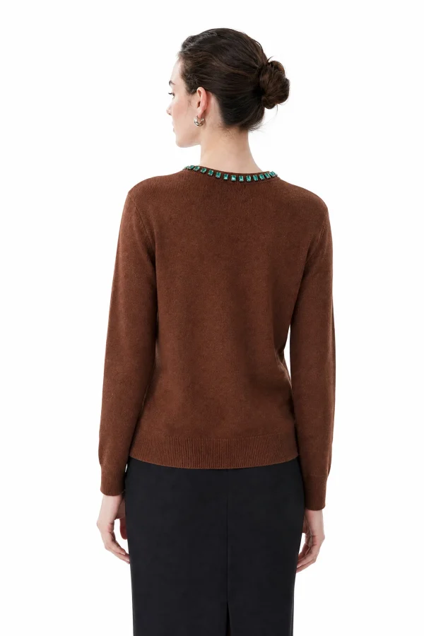 Embellished Australian Wool Crewneck Sweater - Brown - model view 3