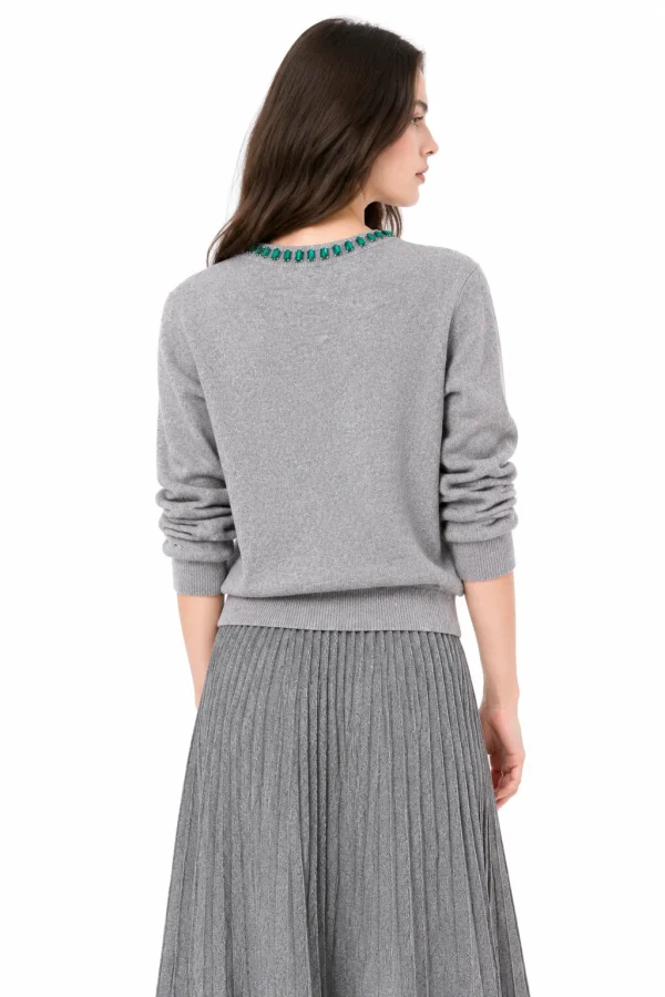 Embellished Australian Wool Crewneck Sweater - Grey - model view 3