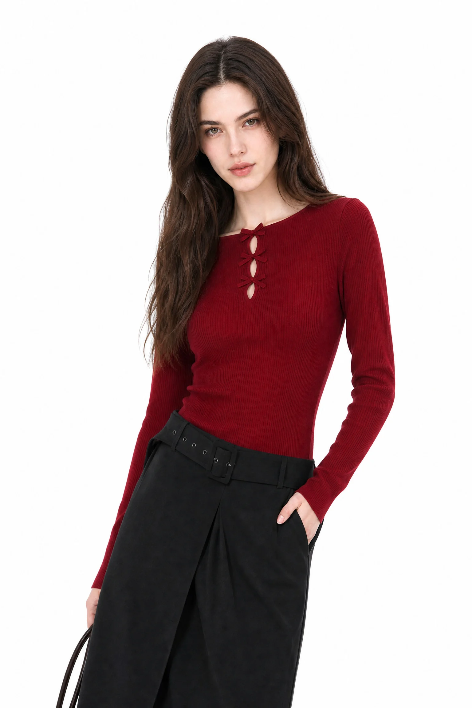 Ribbed Tie-Front Knit Top - model view 4