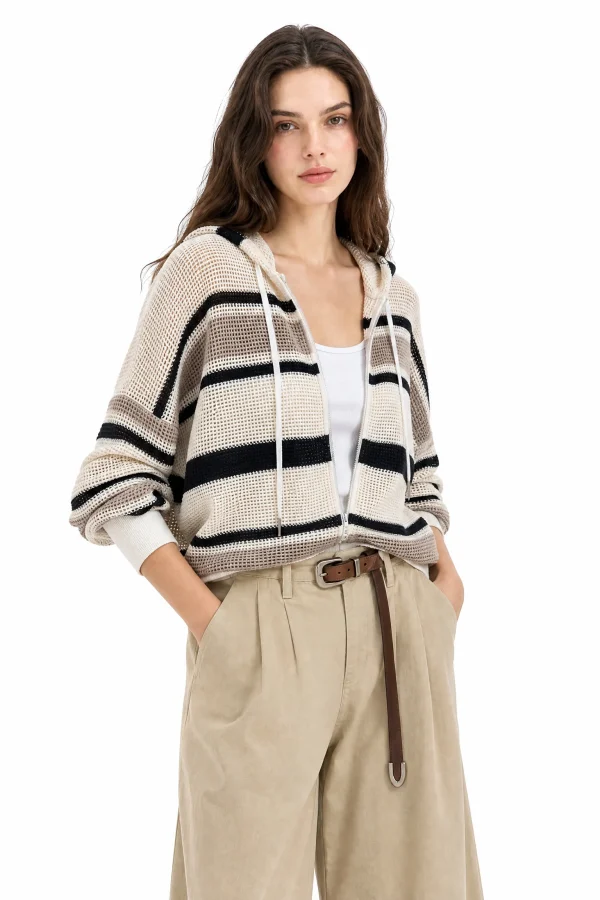 Striped Cotton Knit Hooded Jacket - model view 4