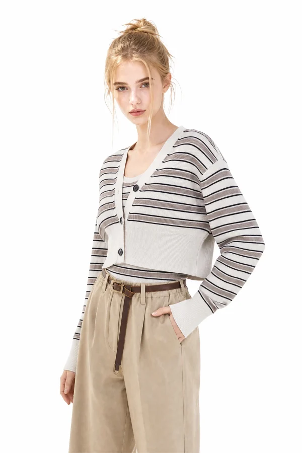 Striped Cotton Cropped Cardigan - model view 4