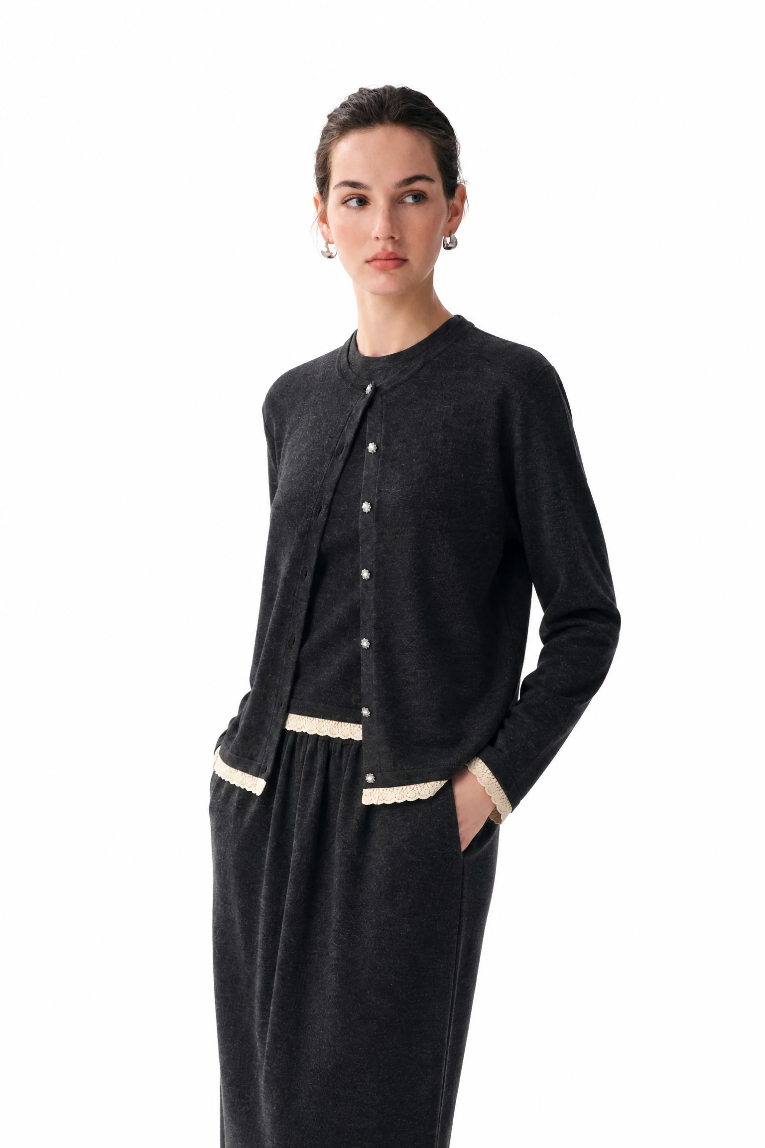 Wool-Blend Lace-Trim Cardigan - model view 4