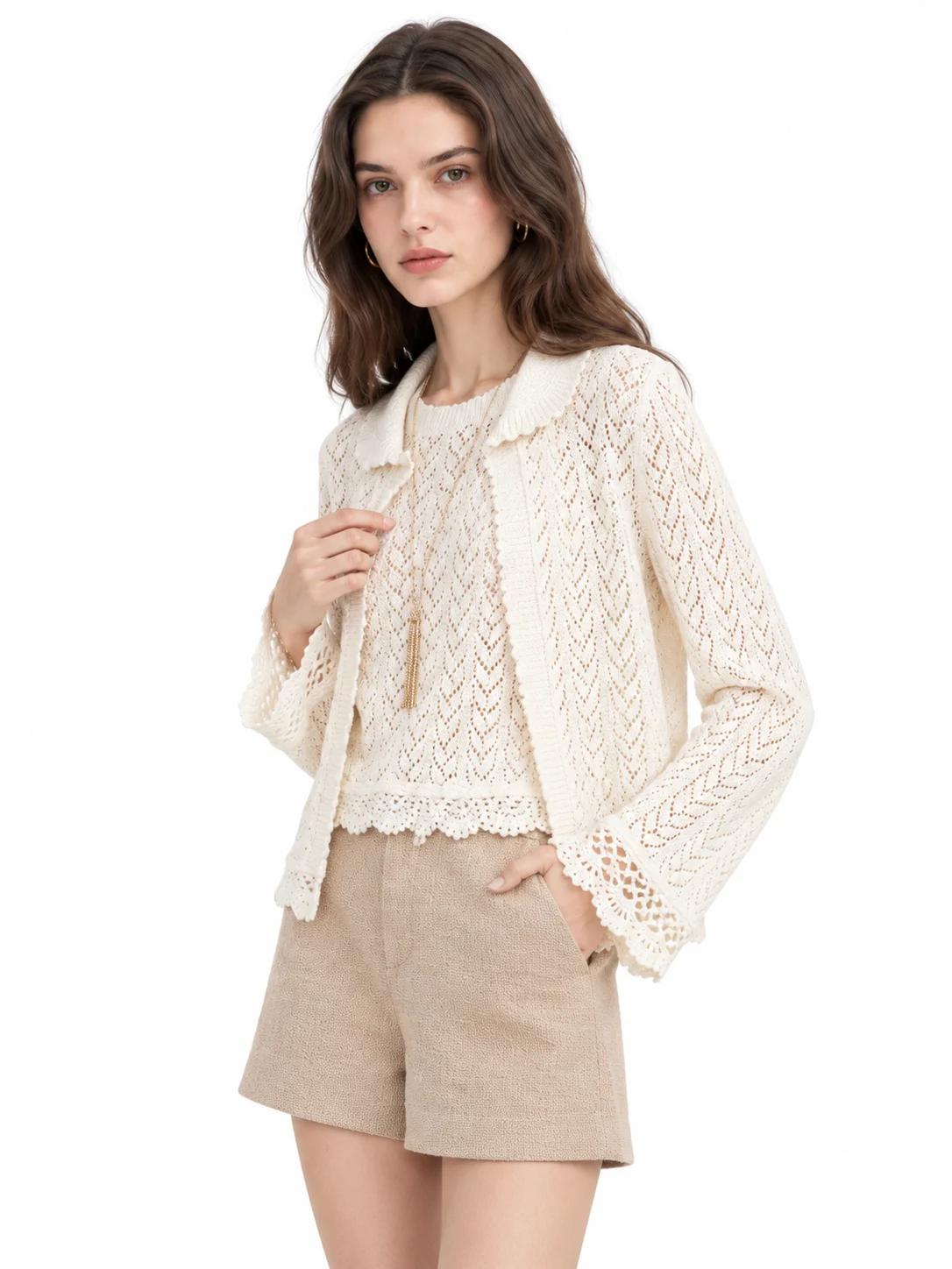 Openwork Cotton-Blend Knit Cardigan - model view 4
