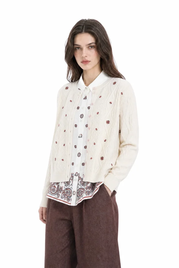 Wool Floral Cable-Knit Cardigan - model view 4