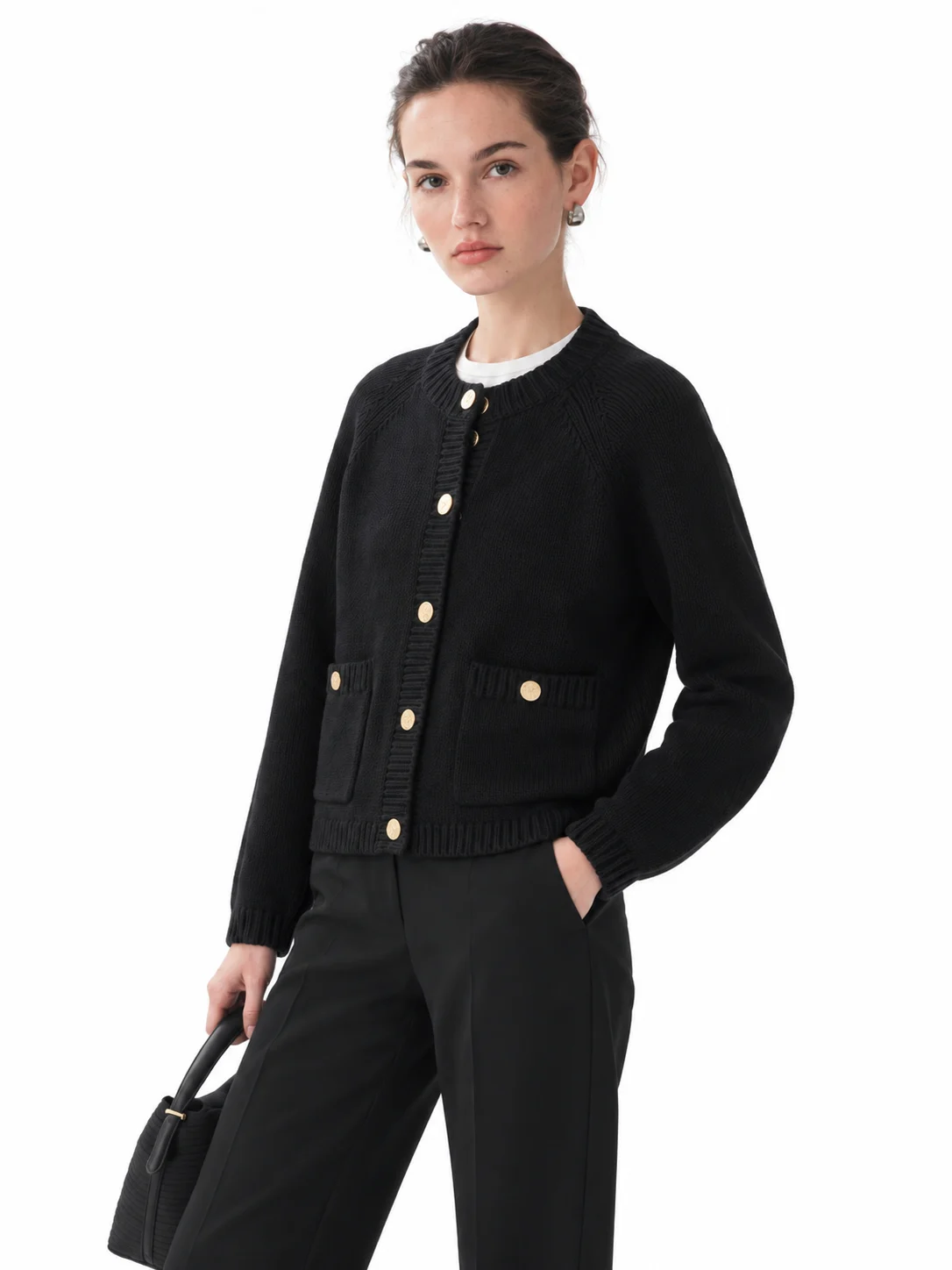 Combed Cotton Rib-Trim Cardigan - Black - model view 4