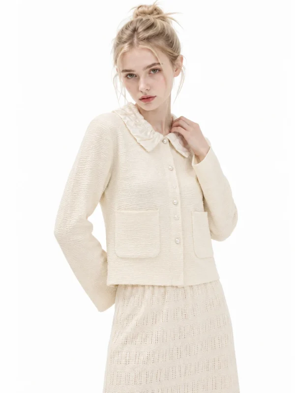 Wool Blend Gathered Collar Cardigan - model view 4