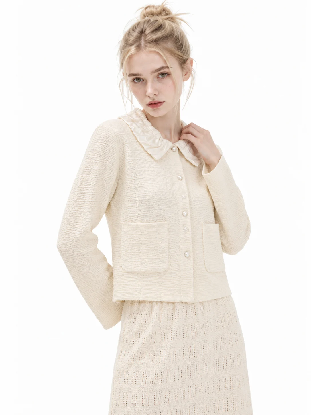 Wool Blend Gathered Collar Cardigan - model view 4