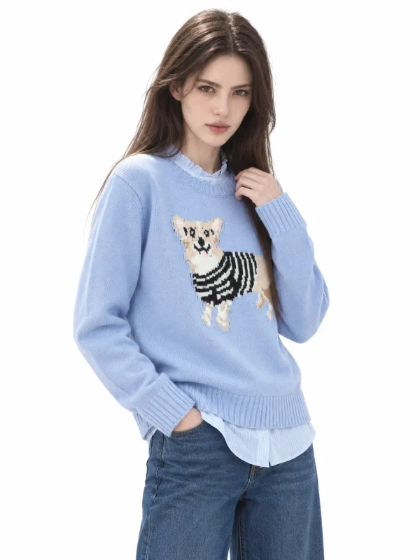 Wool Blend Dog Motif Sweater - Blue - model view 4