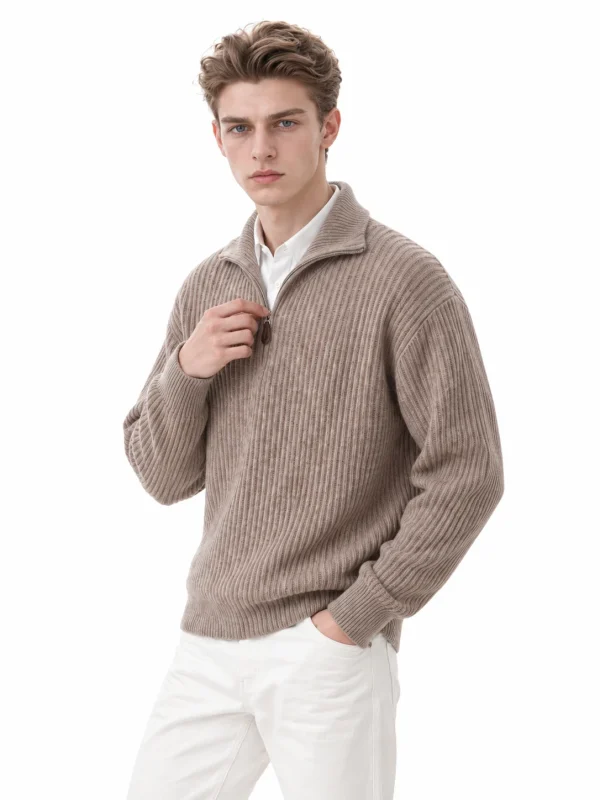 Cashmere Wool Rib-Knit Half-Zip Sweater - model view 4