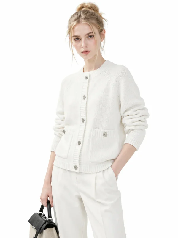 Combed Cotton Rib-Trim Cardigan - White - model view 4