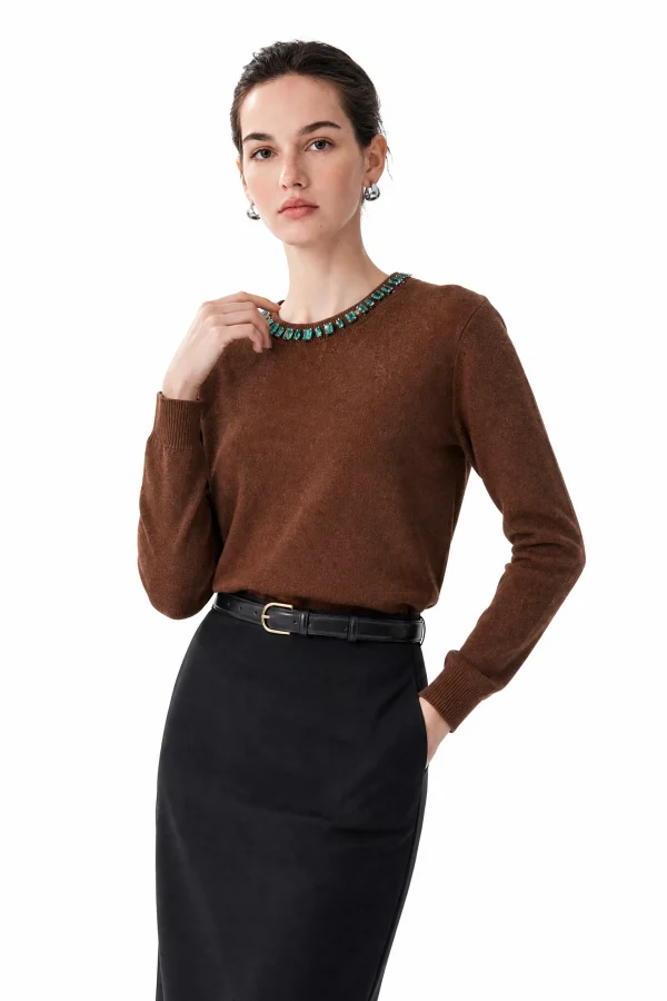 Embellished Australian Wool Crewneck Sweater - Brown - model view 4