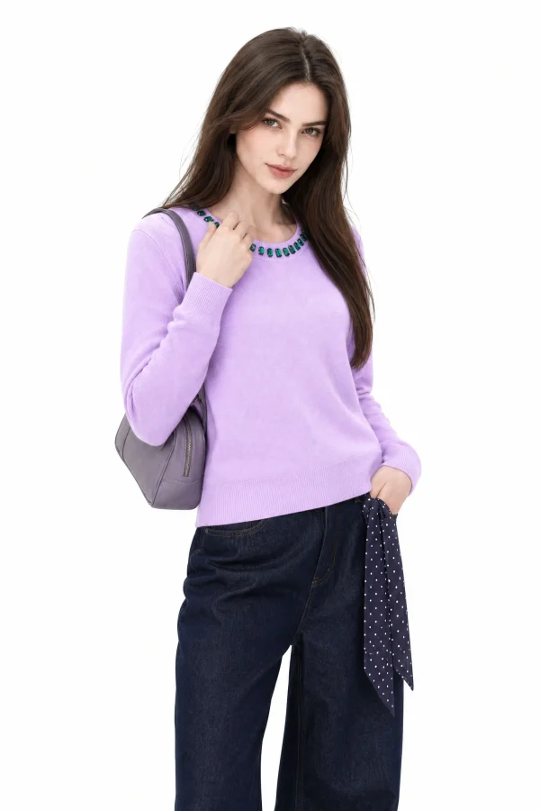 Embellished Australian Wool Crewneck Sweater - Lilac - model view 4