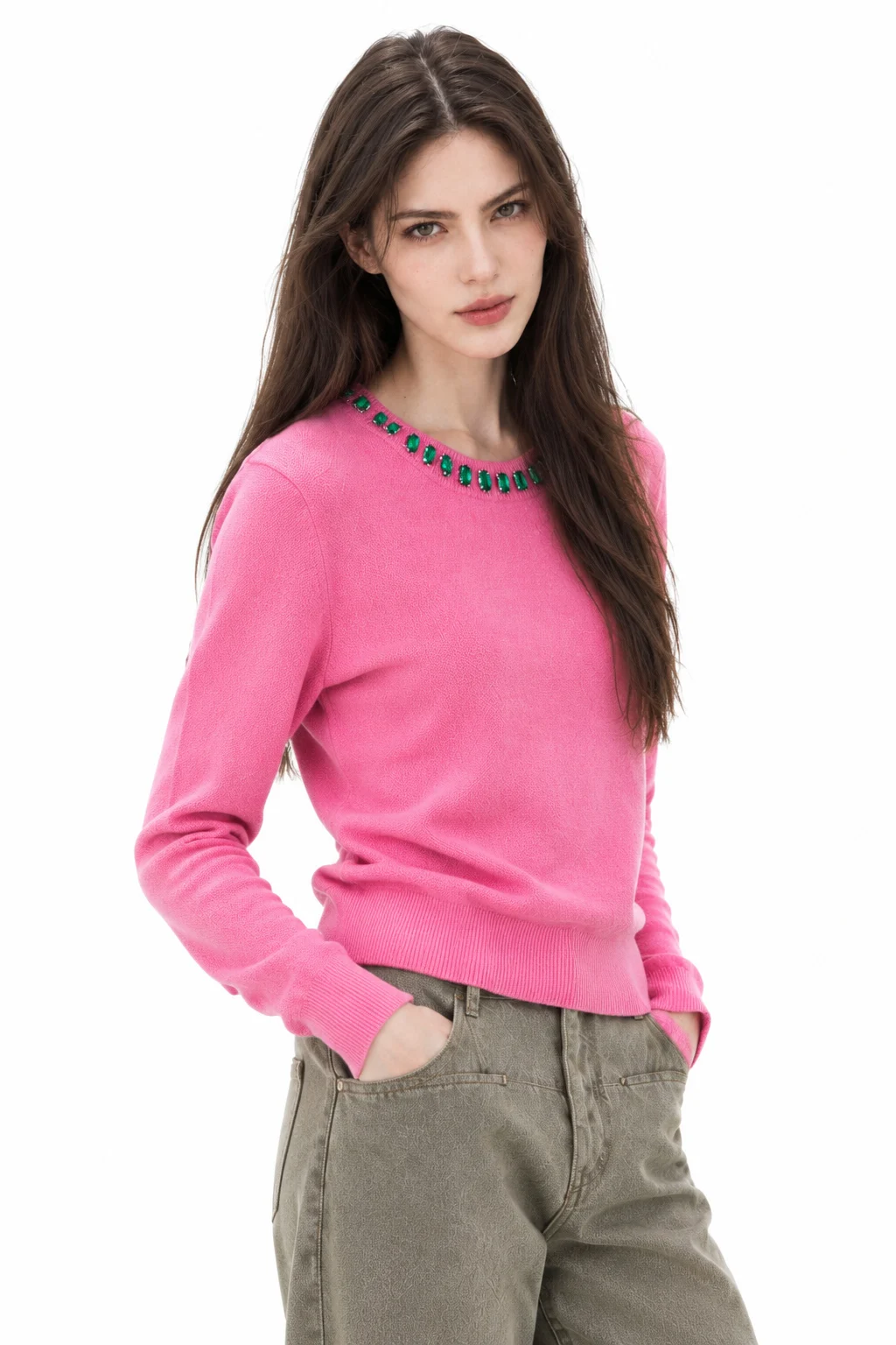 Embellished Australian Wool Crewneck Sweater - Pink - model view 4